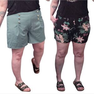 2 Pairs Green Sailor and Black Tropical Pull On High Rise Shorts Size Large NEW